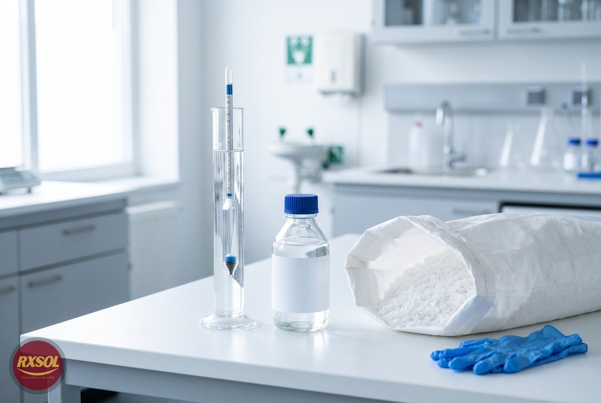 Calcium chloride flakes and a brine density check on a clean lab bench in Salalah, Oman