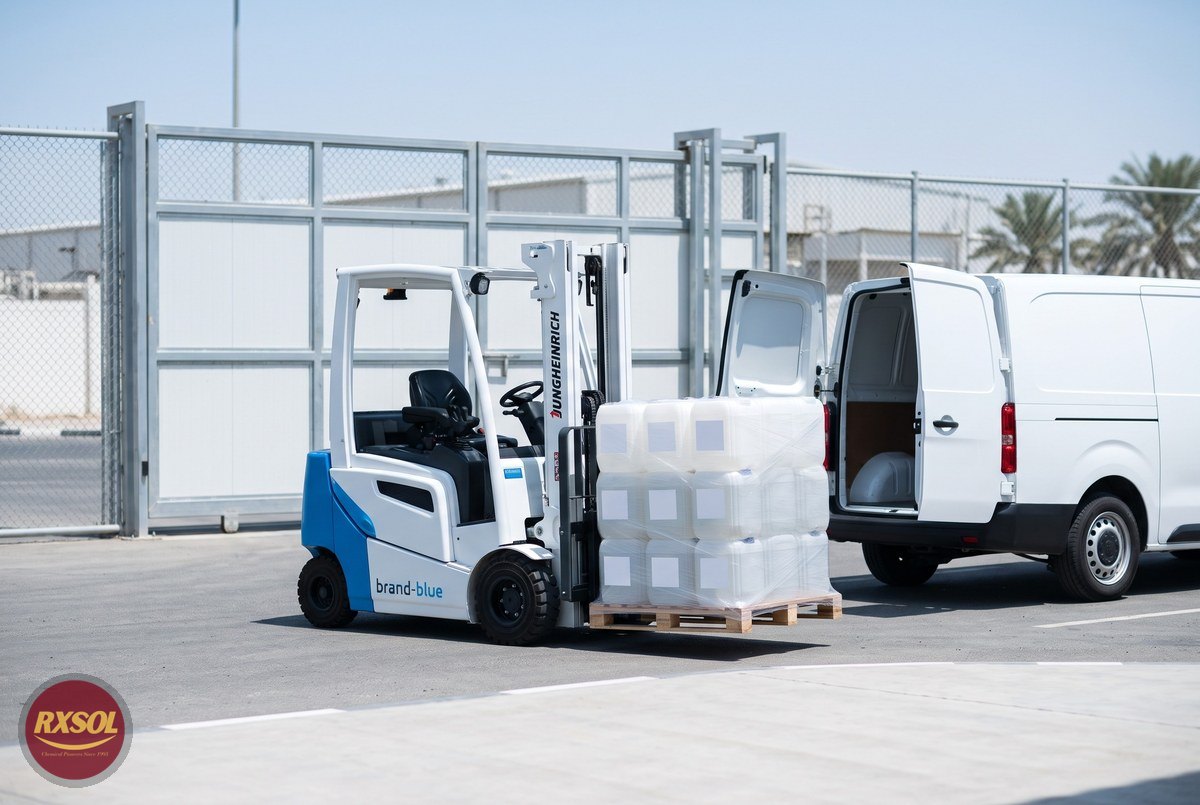 Forklift moving a pallet of chiller antiscalant jerry cans to a delivery van at a Salalah plant gate in Oman