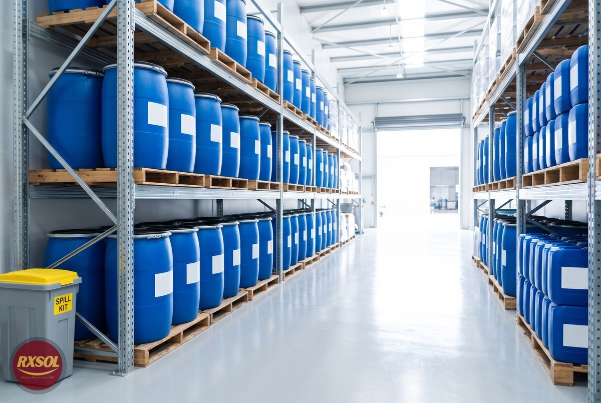 Blue 210 litre drums and jerry cans of heavy oil sludge cleaner on steel racking in our Barka warehouse, Oman