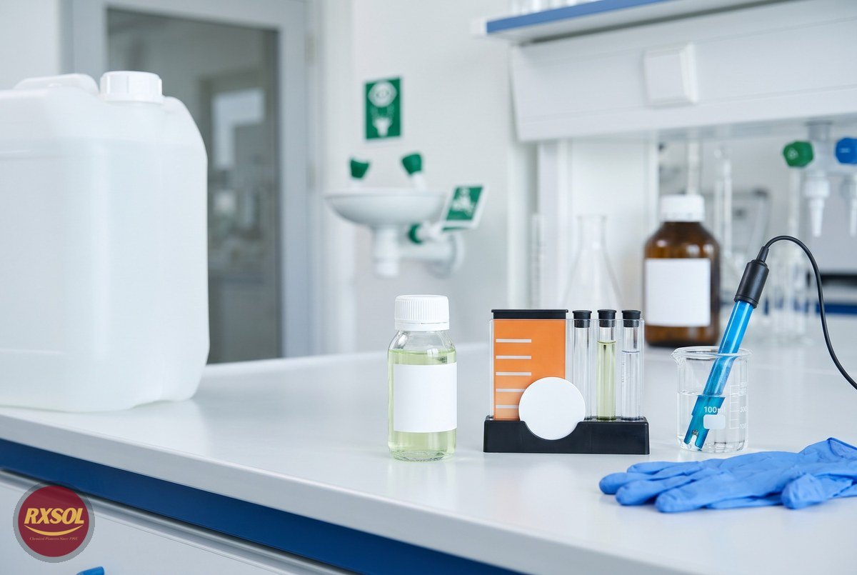 Sodium hypochlorite sample bottle, chlorine test kit and 25 litre can on a lab bench for food sanitising in Salalah