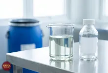 Beaker of clear sodium silicate water glass beside a sample bottle and a blue drum, supplied in Salalah, Oman