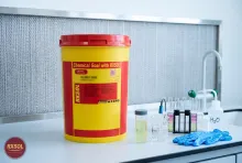 Quality check of Sodium HypoChlorite 12-15 on a lab bench in Oman